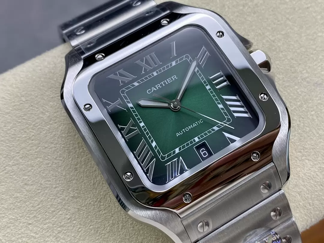 Front view of a green dial square watch sample