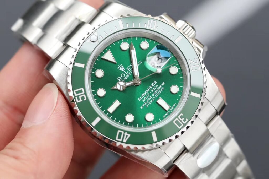Front view of a green Submariner-style watch for visible reference comparison