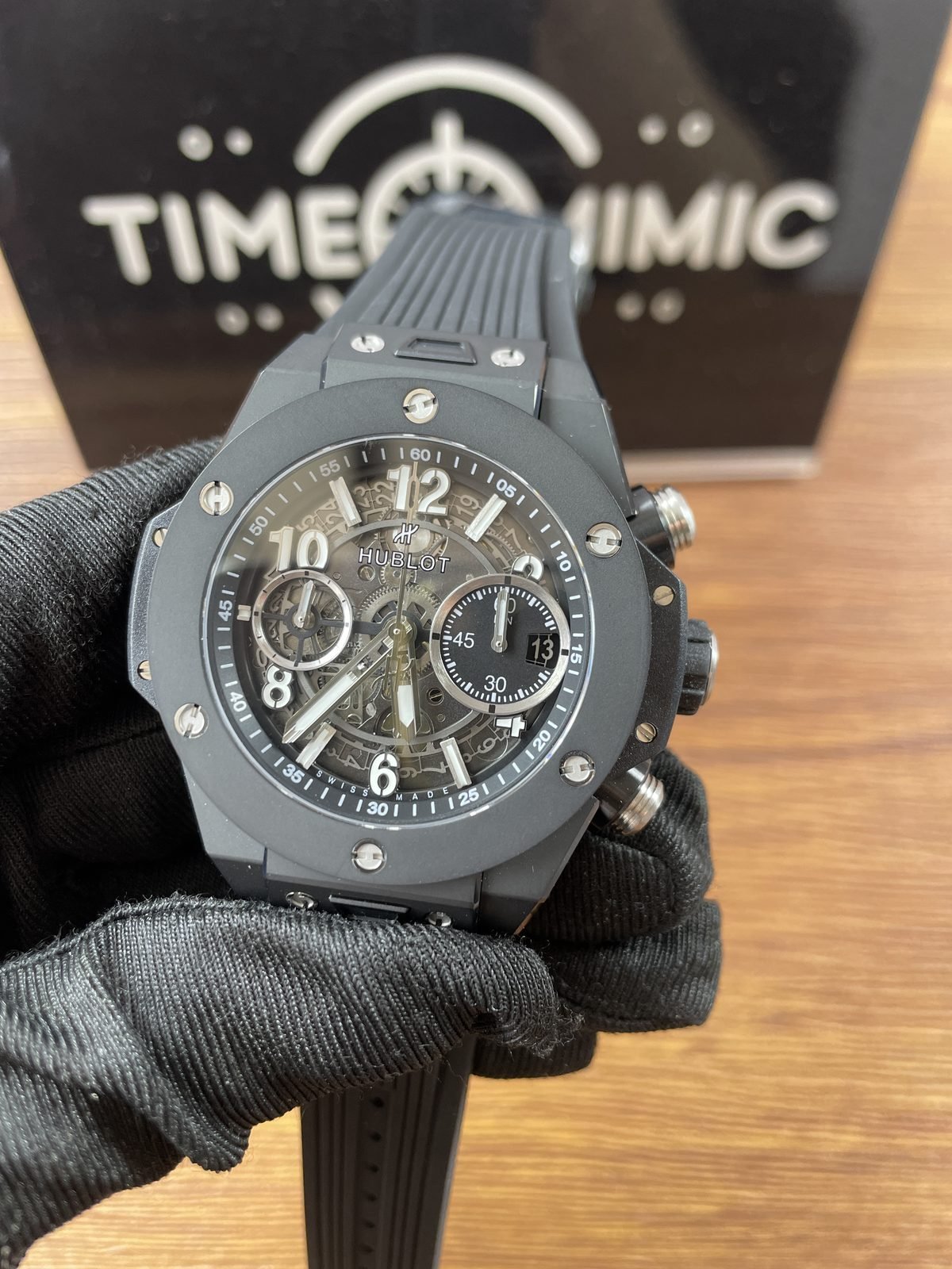 Hublot Big Bang 441 CI 1170 RX replica skeleton dial date and two subdials angled front