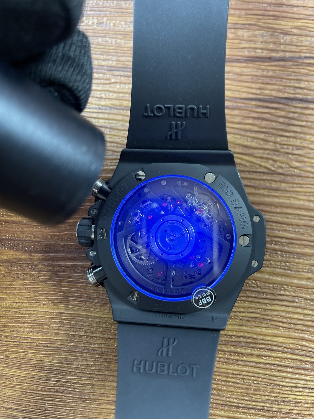Hublot Big Bang 441 CI 1170 RX replica display back under directed blue light