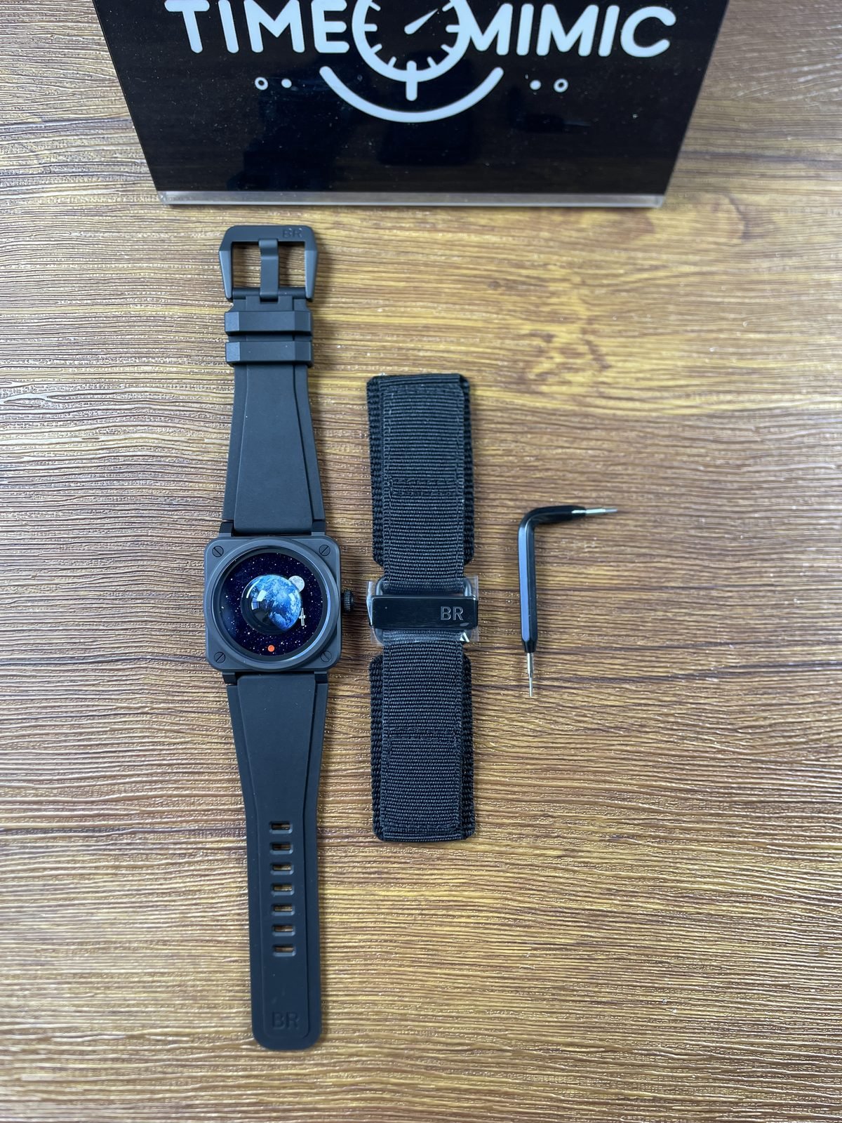 Bell and Ross BR-03 Astro replica planetary dial dark square case molded strap spare woven strap and change tool