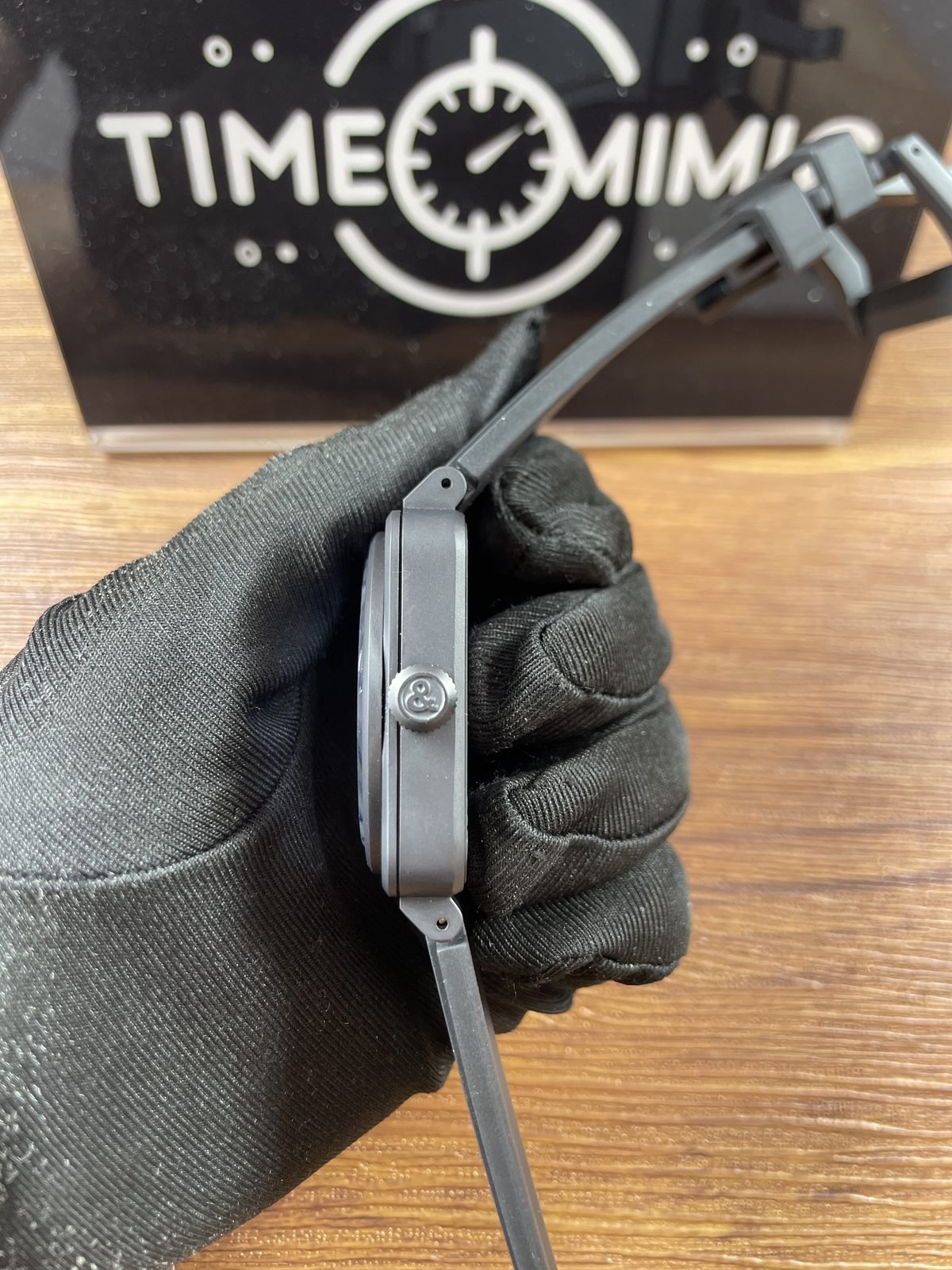 Bell and Ross BR-03 Astro replica matte dark case side branded crown and molded black strap