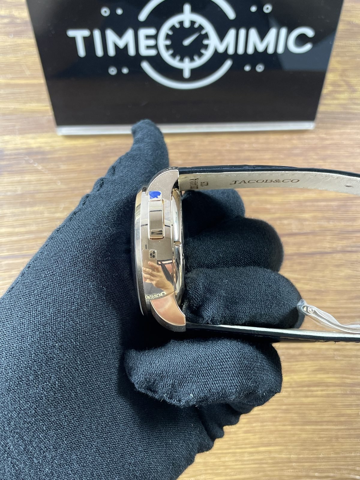 Jacob and Co Casino Tourbillon CA100 40 replica thick rose gold colour case side and rectangular control with blue film
