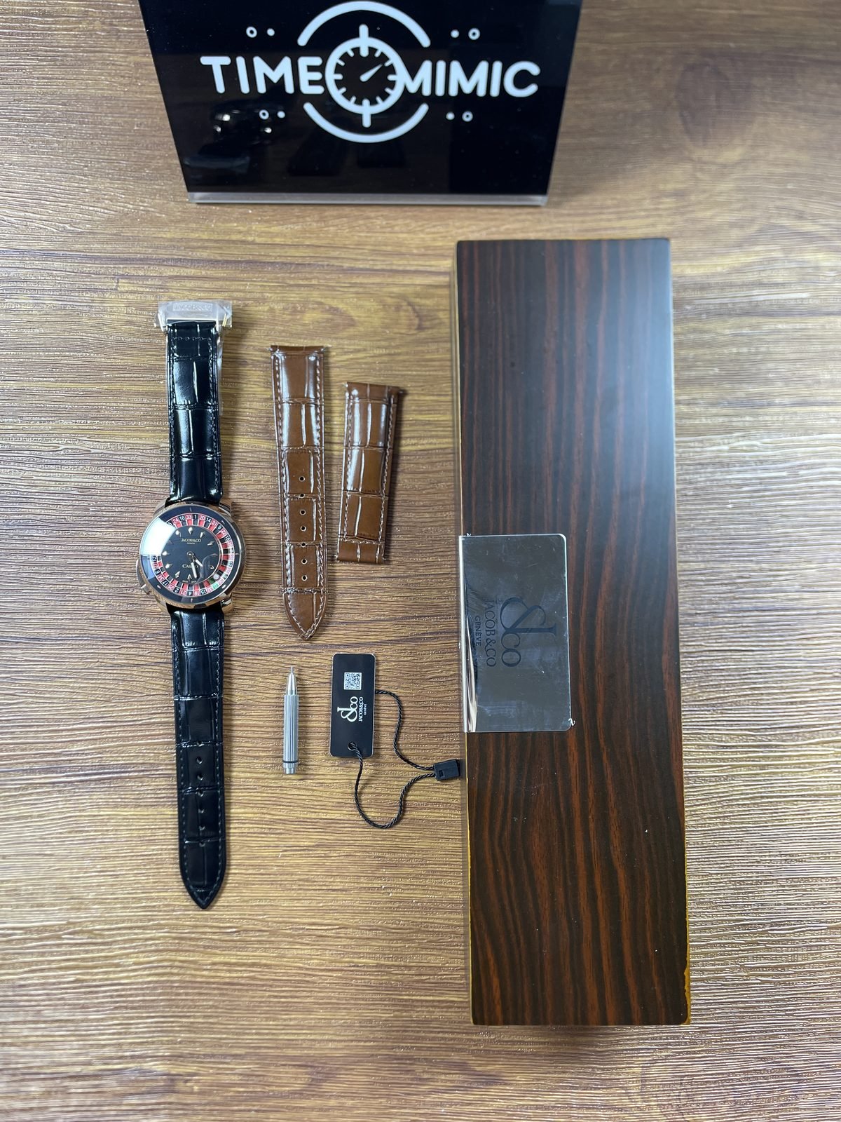 Jacob and Co Casino Tourbillon custom replica black strap watch brown loose strap pair presentation box tag and tool set view