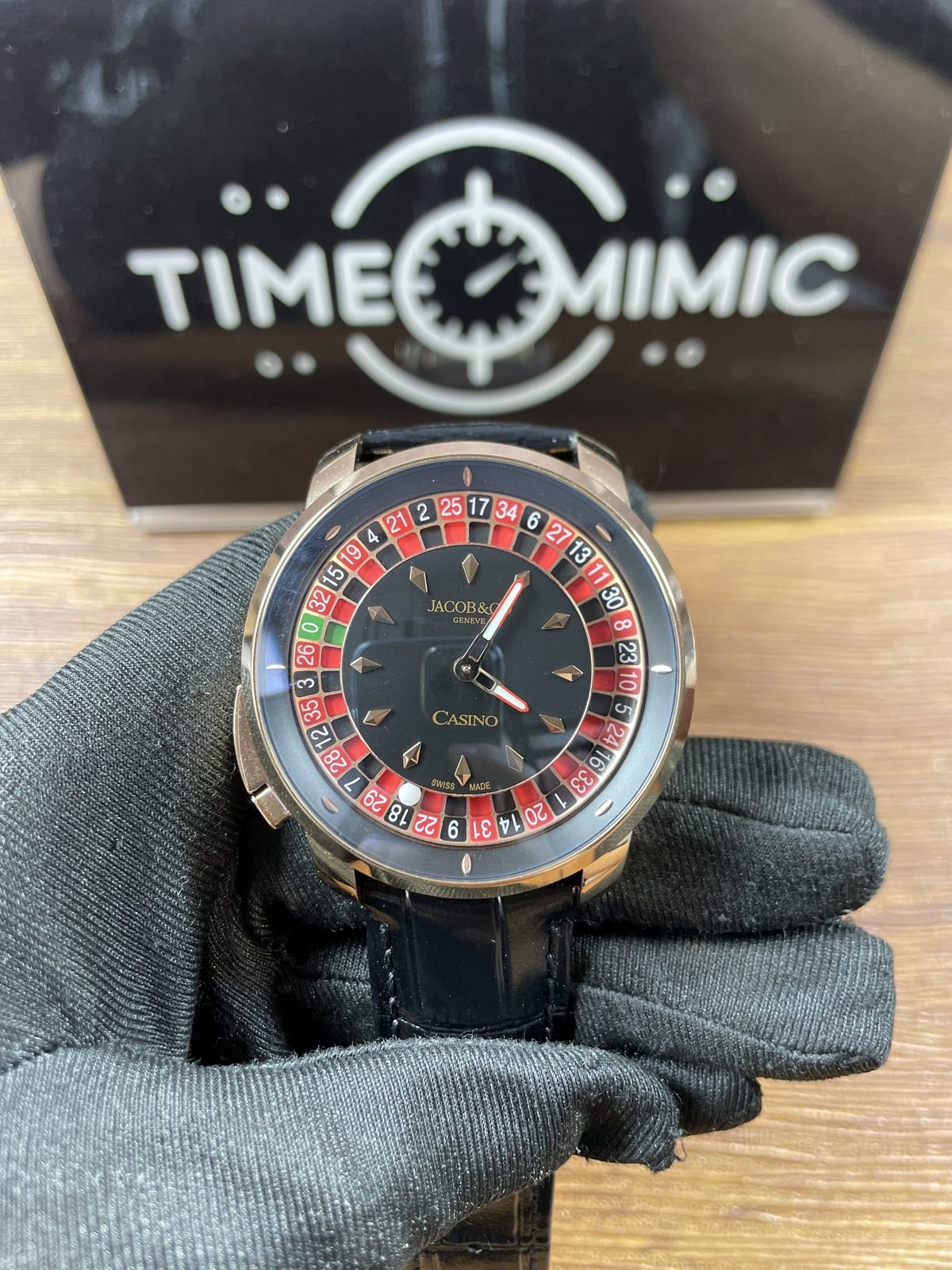 Jacob and Co Casino Tourbillon custom replica black central dial roulette number ring white ball and warm colour case front