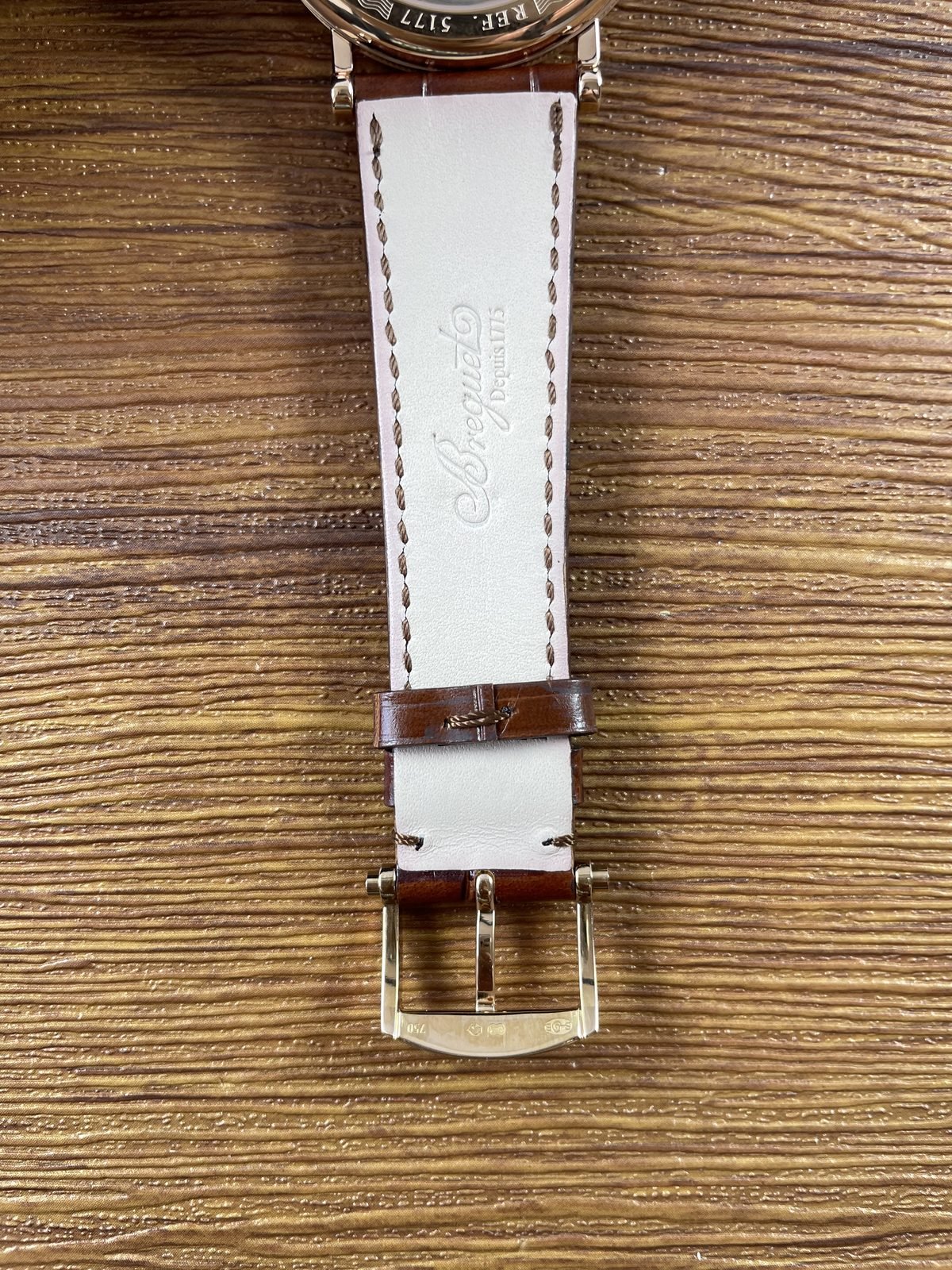 Breguet Classique 5177BA replica brown strap underside stitching and embossed markings