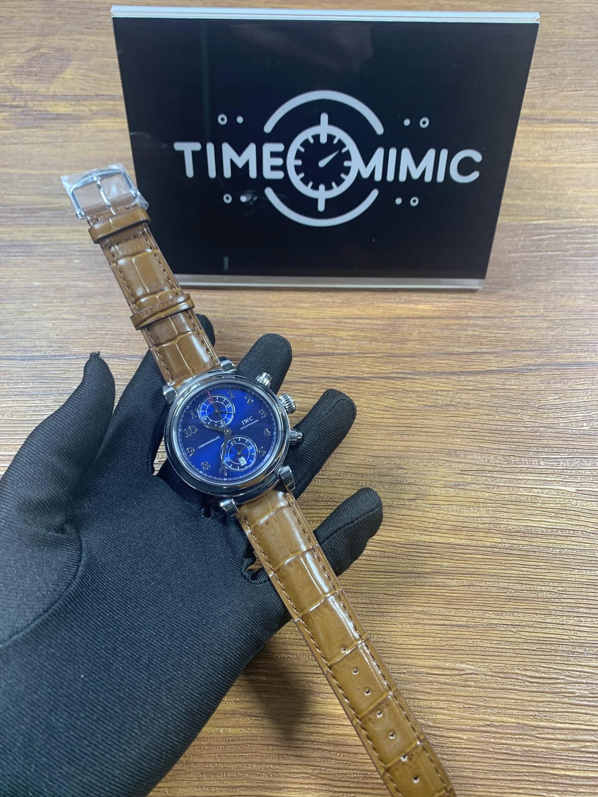 IWC Da Vinci IW393402 replica blue dial vertical subdials brown crocodile pattern strap full front