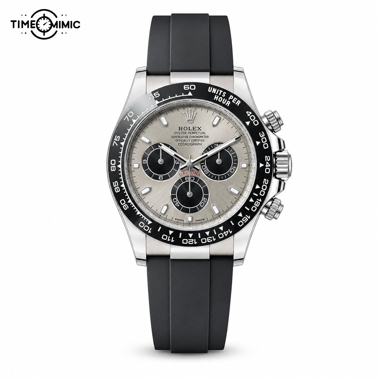 Daytona 116519 Silver Black Oysterflex, complete watch on white background