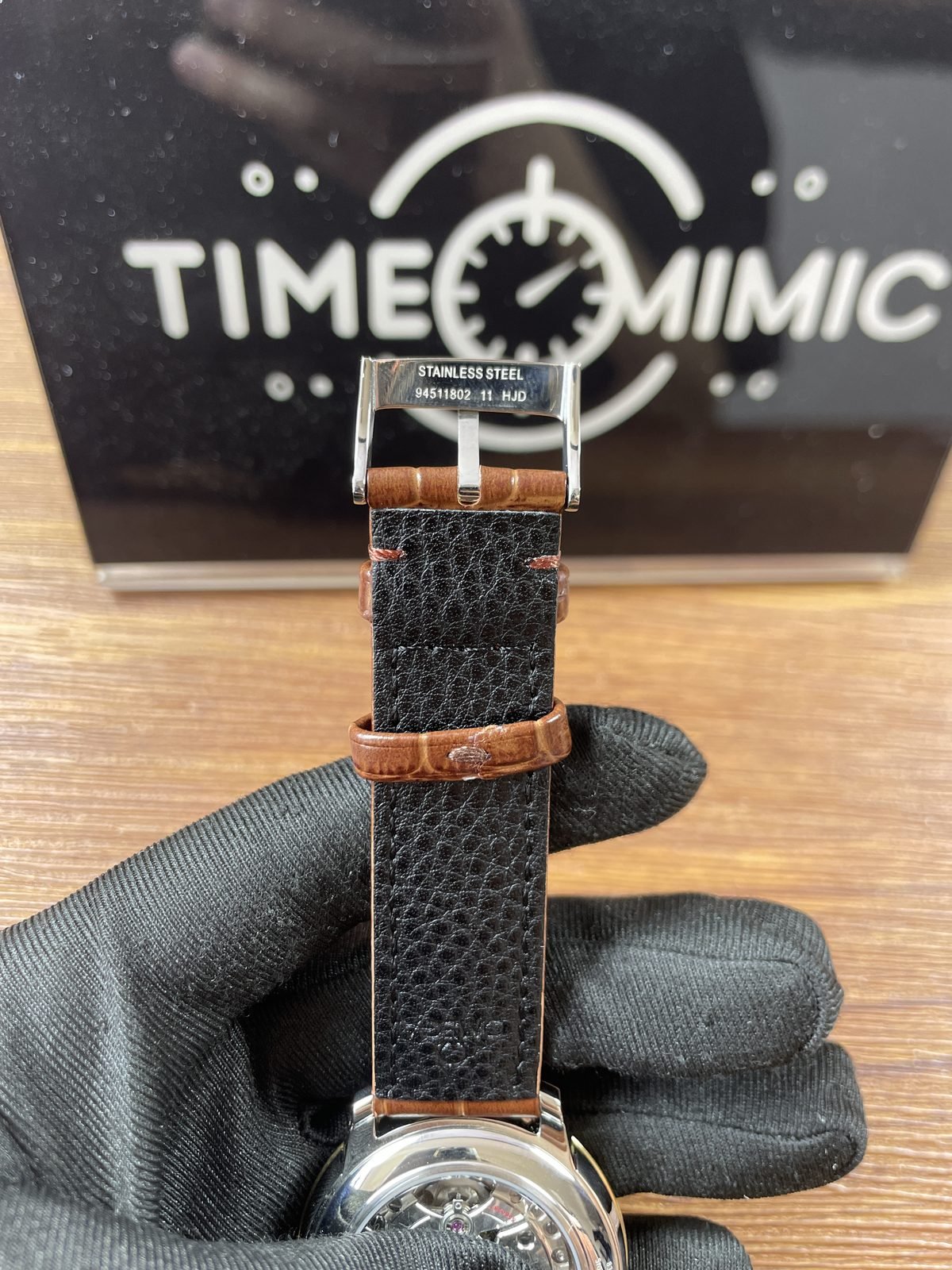 Omega De Ville replica pin buckle underside stainless steel and number style inscriptions