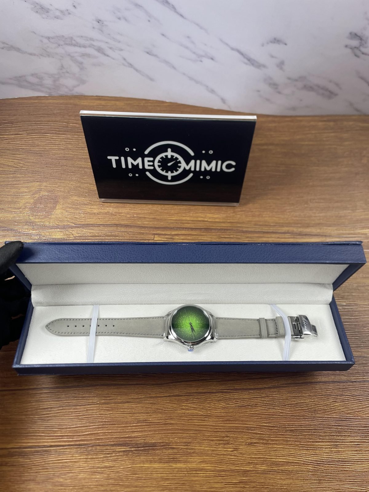 Endeavour style custom replica watch green minimalist dial grey strap presentation box