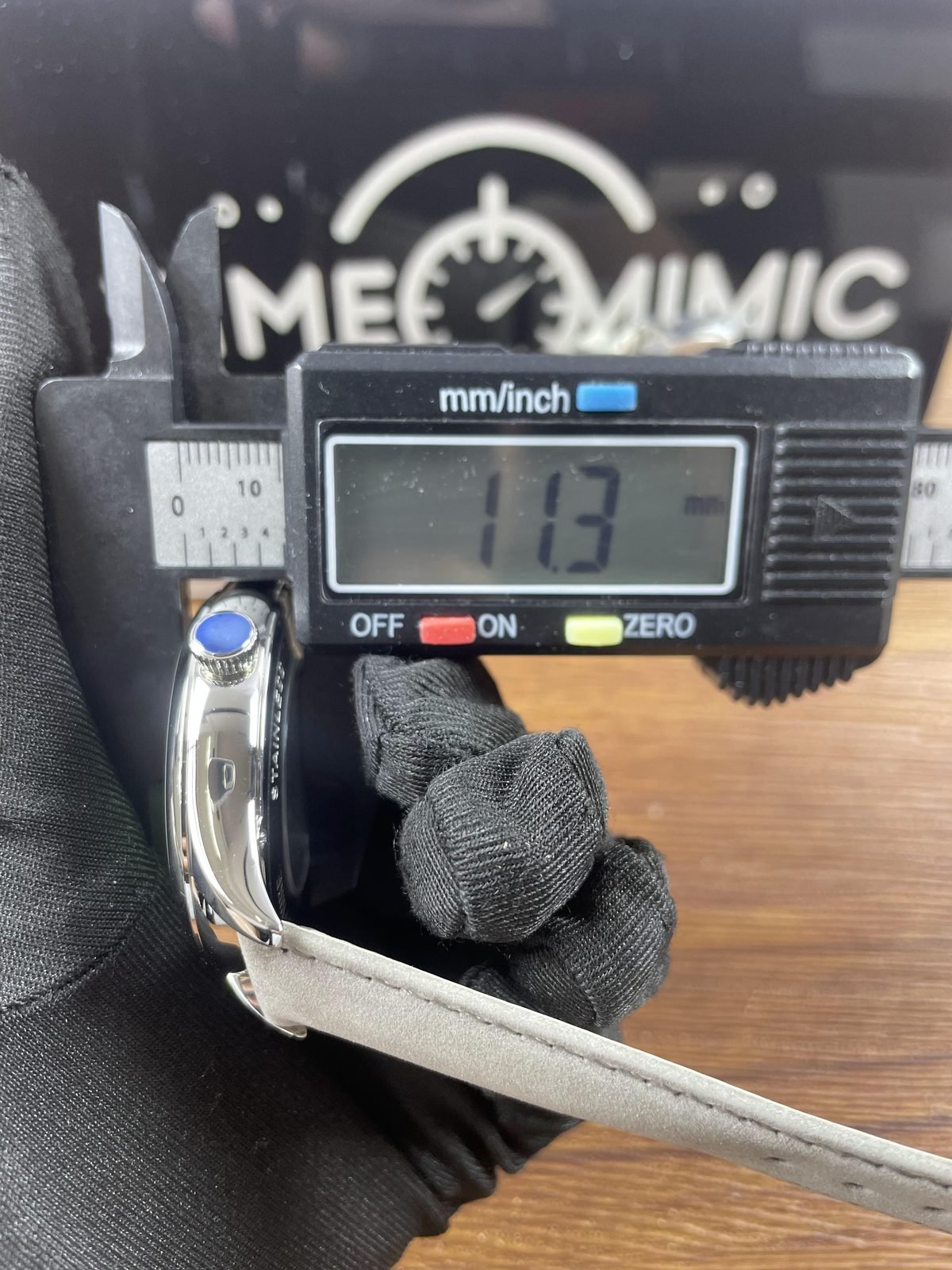 Endeavour style custom replica watch pictured thickness calliper reading about 11.3 millimetres