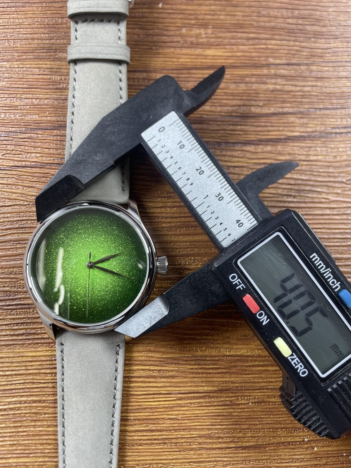 Endeavour style custom replica watch pictured case span calliper reading about 40.5 millimetres