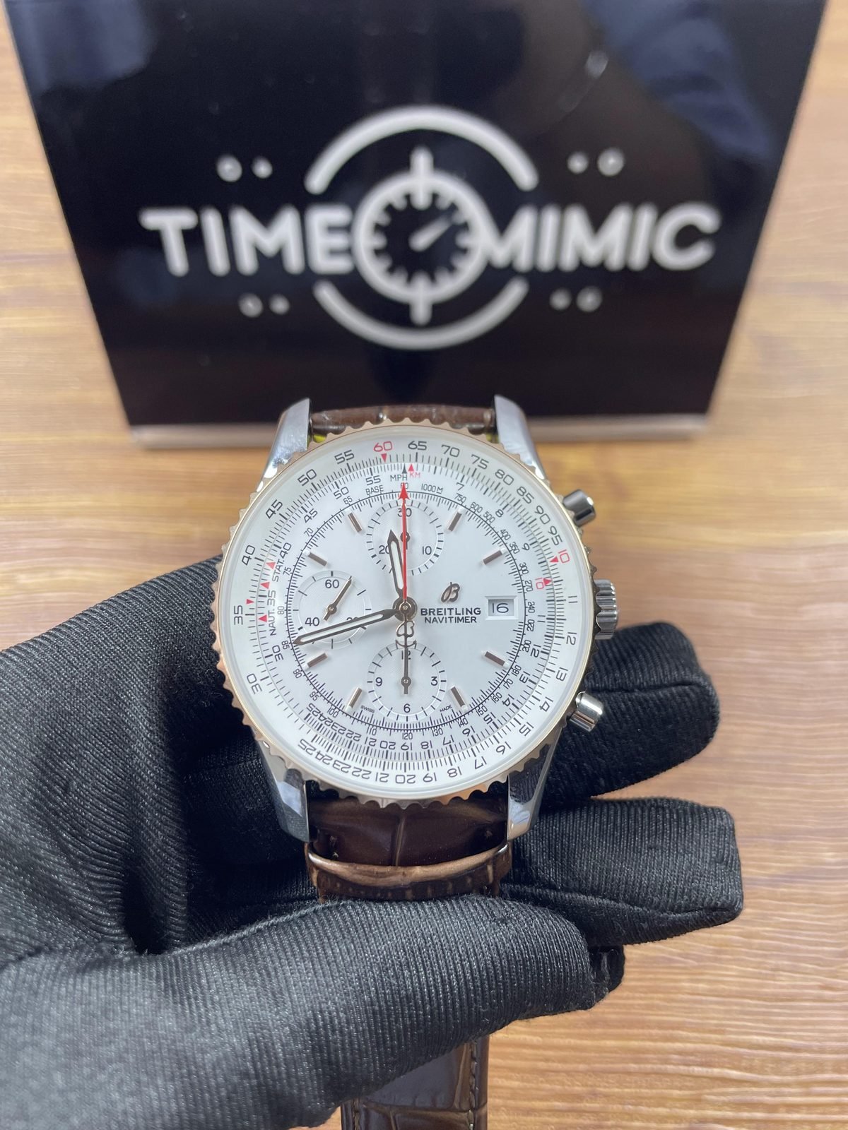 Breitling Navitimer Custom replica light silver white dial three registers red GMT style arrow brown strap front