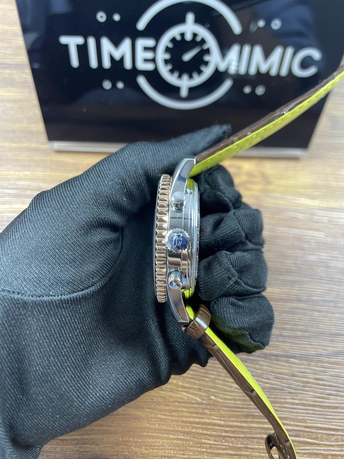 Breitling Navitimer Custom replica coin edge bezel crown two pushers polished steel tone case brown yellow strap side