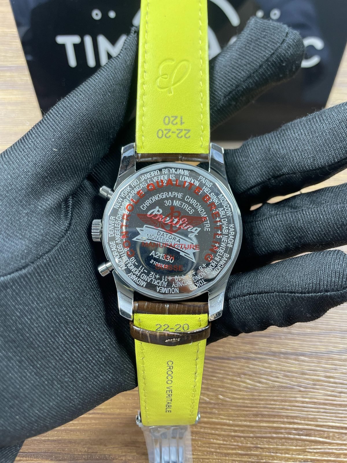 Breitling Navitimer Custom replica solid world city ring engraved caseback brown strap underside protective film