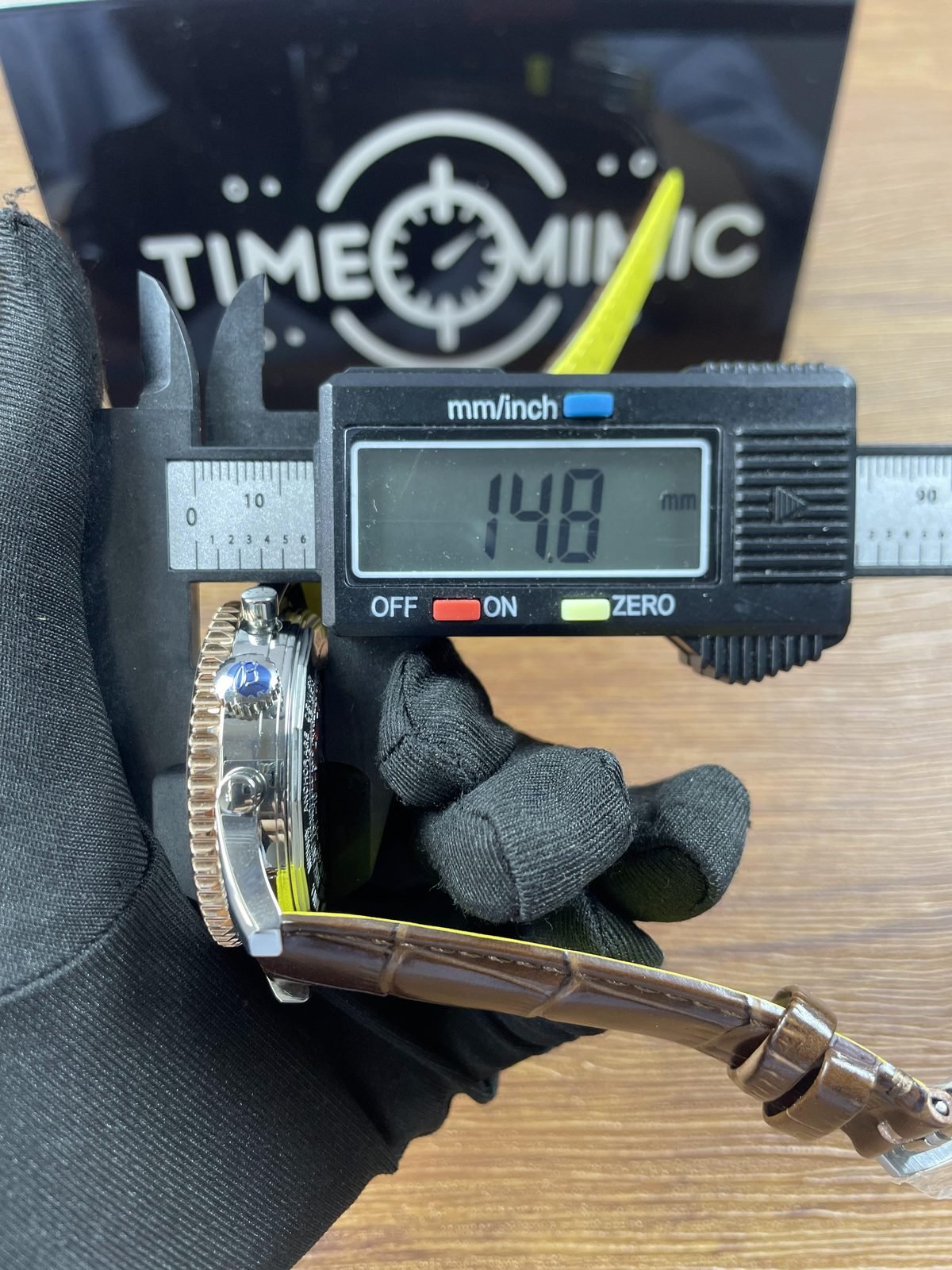 Breitling Navitimer Custom replica pictured side calliper placement reading about 14.8 millimetres