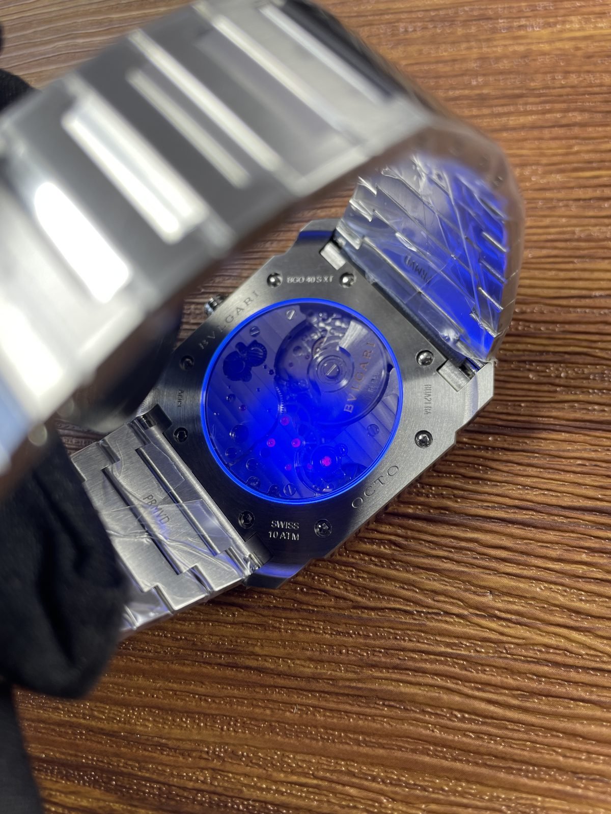 Bvlgari Octo Finissimo 103297 replica display back under directed blue inspection light
