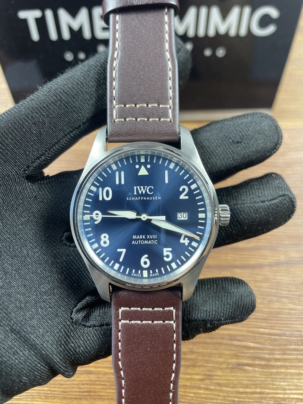 IWC Pilot Mark XVIII IW327004 replica blue sunray style dial date brown strap front