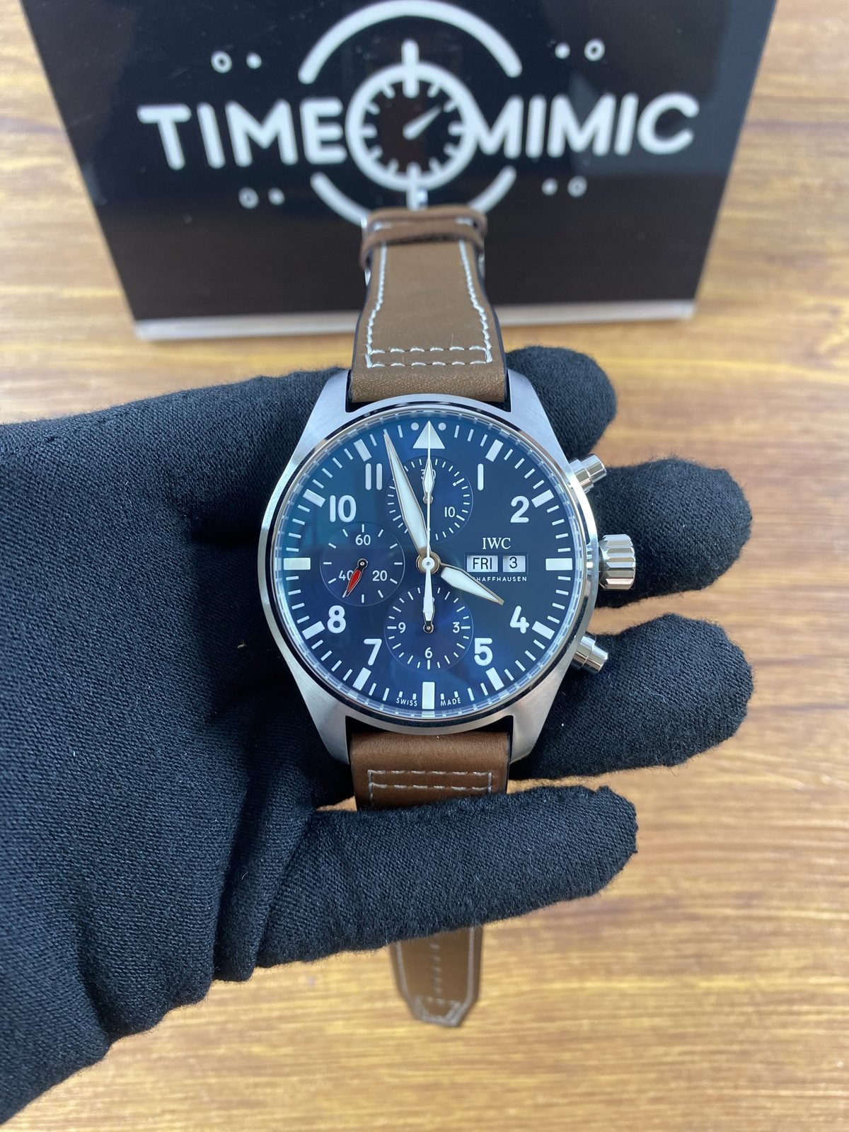 IWC Pilot Watch Chronograph IW377714 replica blue dial day date brown strap front