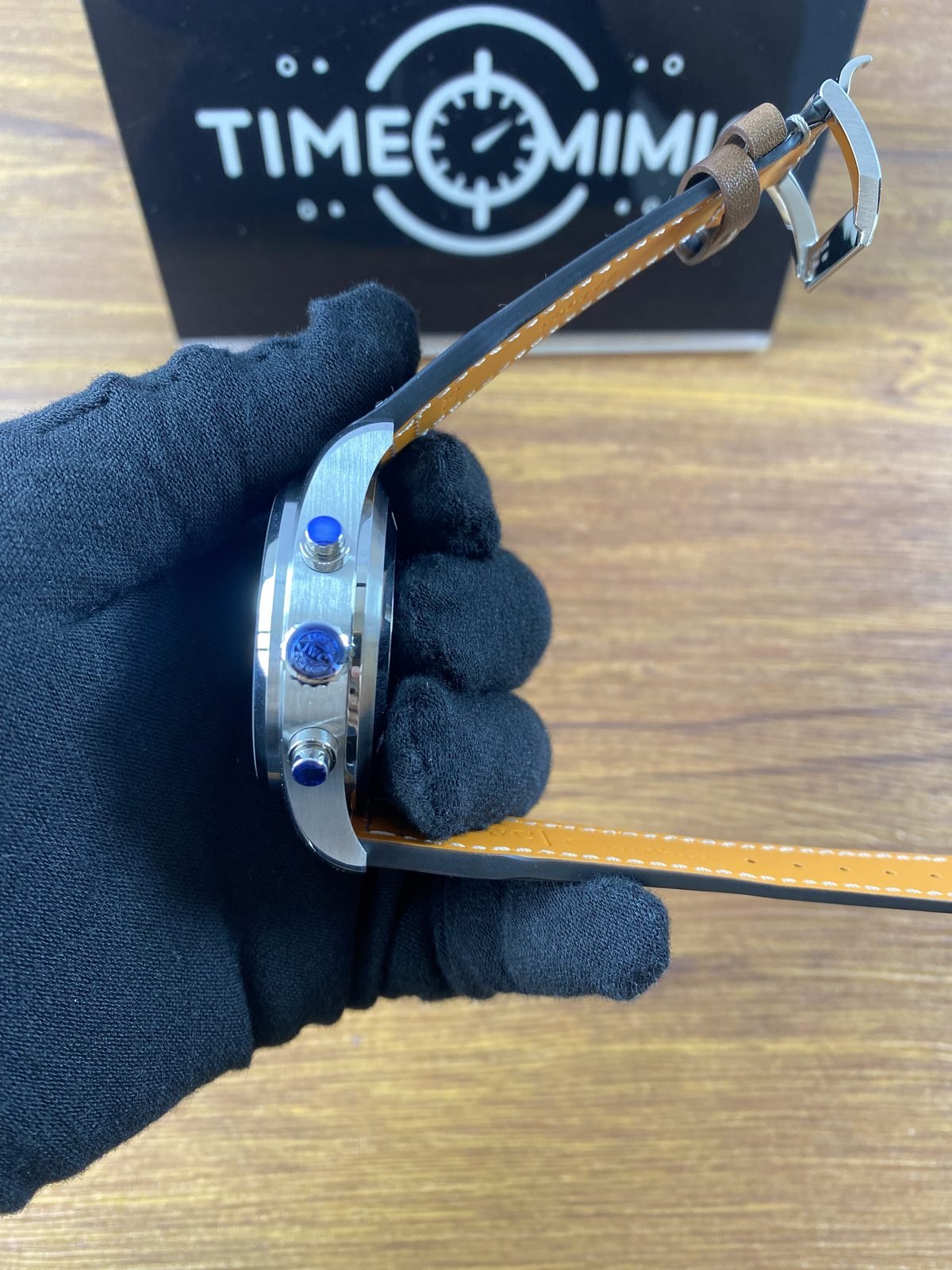 IWC Pilot IW377714 replica crown and two pushers with blue protective film side view