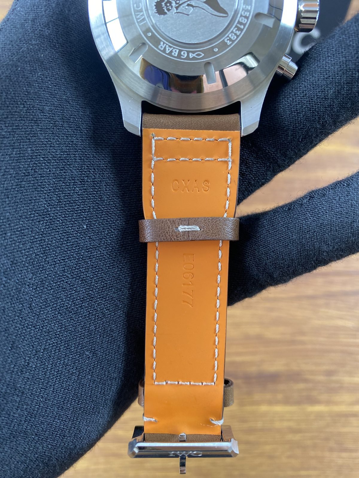 IWC Pilot IW377714 replica brown stitched strap lining and tang buckle markings