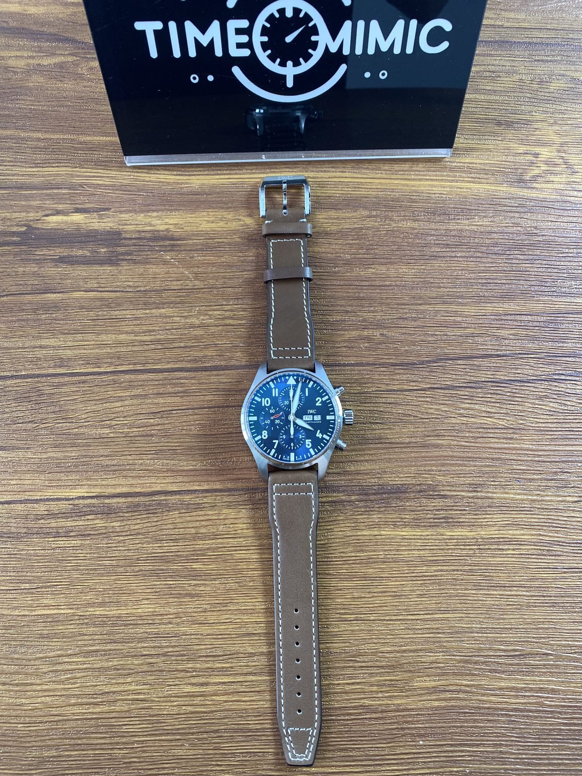 IWC Pilot IW377714 replica full watch laid flat with blue chronograph style dial