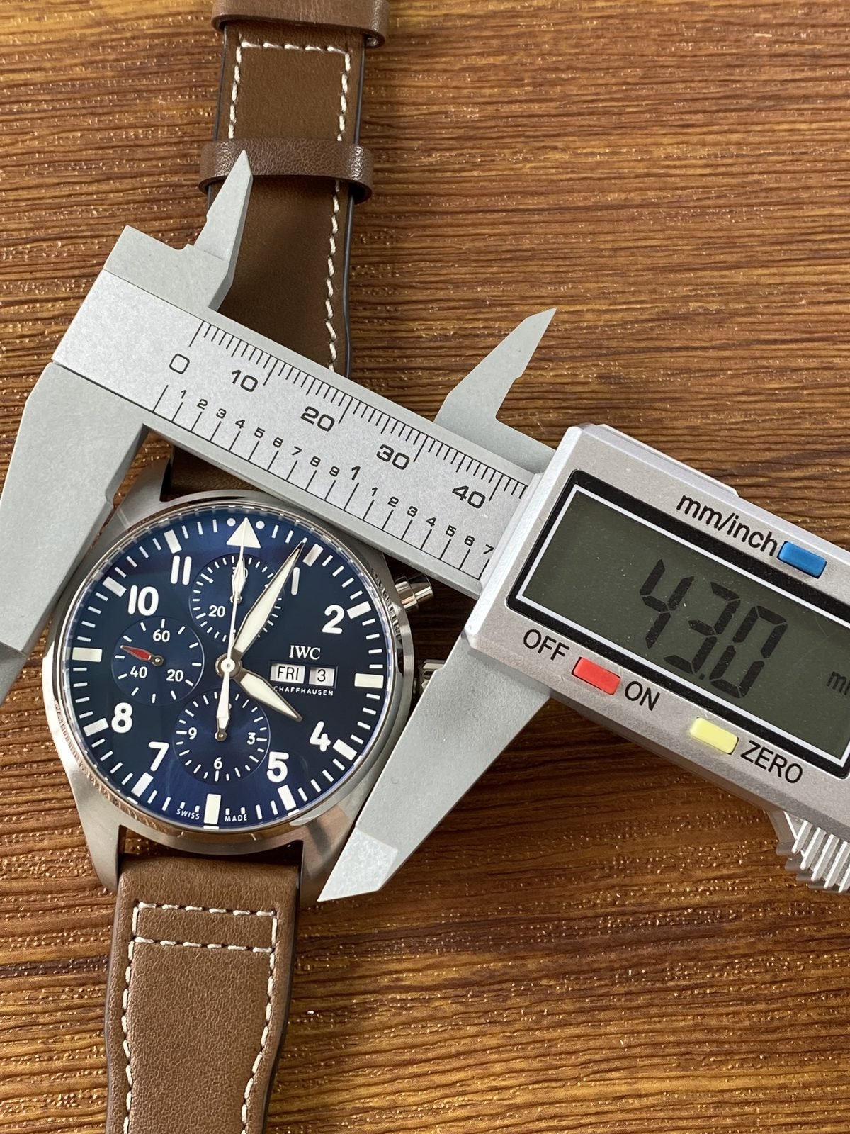 IWC Pilot IW377714 replica pictured horizontal caliper span about 43.0 millimetres