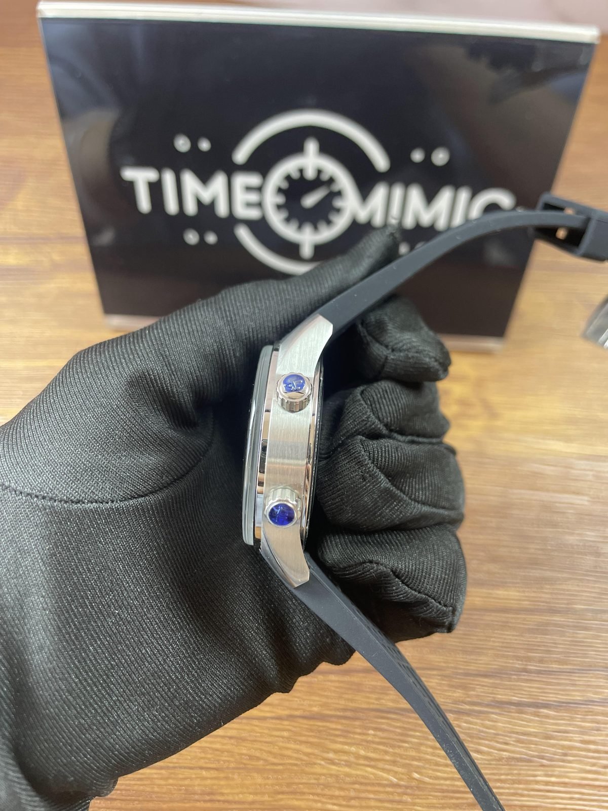 Jaeger LeCoultre Polaris Q9068670 replica steel colour case side two crowns under blue protective film and black rubber style strap