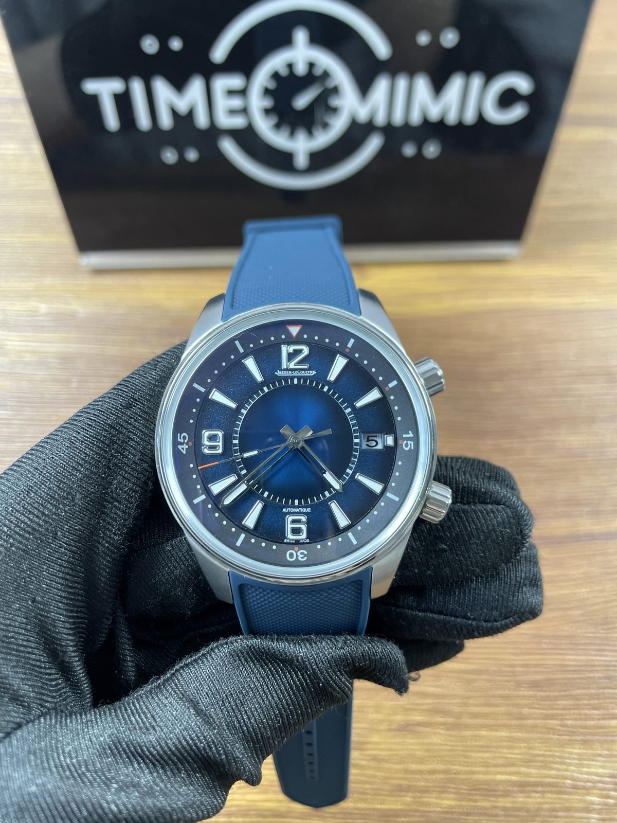 Jaeger LeCoultre Polaris Q906868J replica blue layered dial date 5 steel colour case and blue rubber style strap