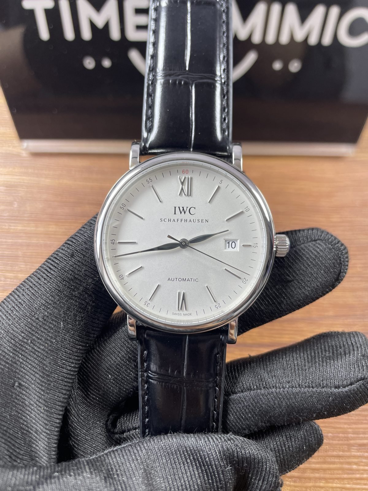 IWC Portofino IW356501 replica silver white three hand date dial black strap front