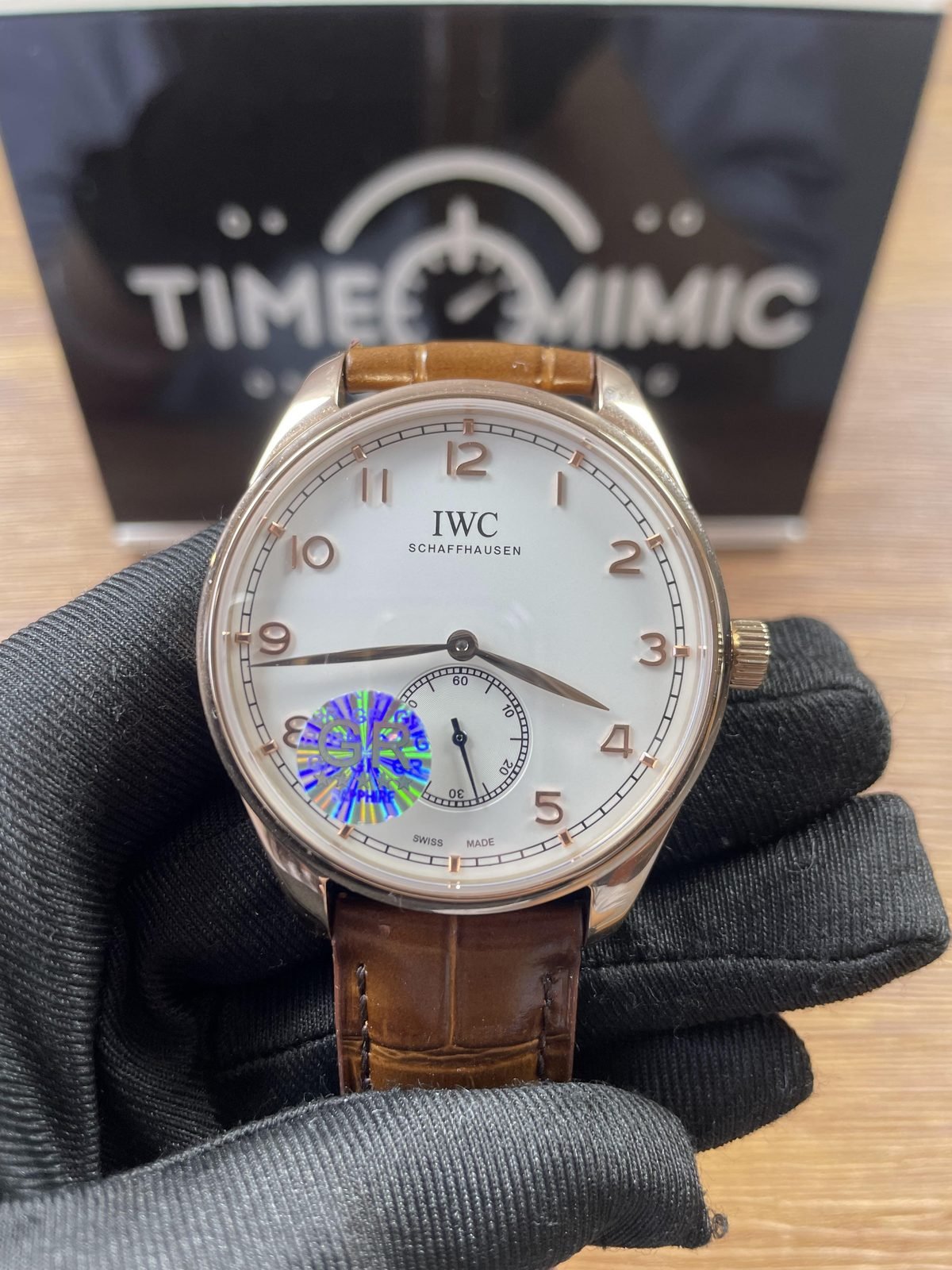 IWC Portugieser IW358306 replica silver white small seconds dial warm rose gold tone case brown strap front