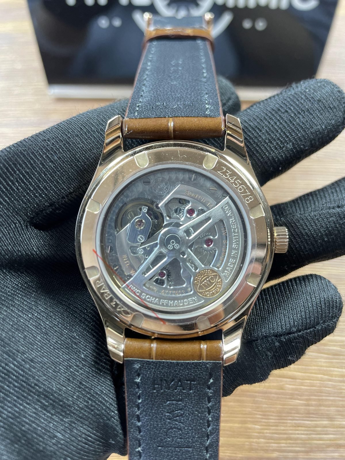 IWC Portugieser IW358306 replica exhibition back skeleton style rotor 2345678 markings and strap underside