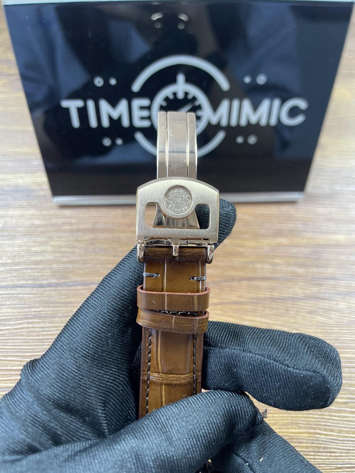 IWC Portugieser IW358306 replica warm tone deployant clasp front and brown crocodile pattern strap