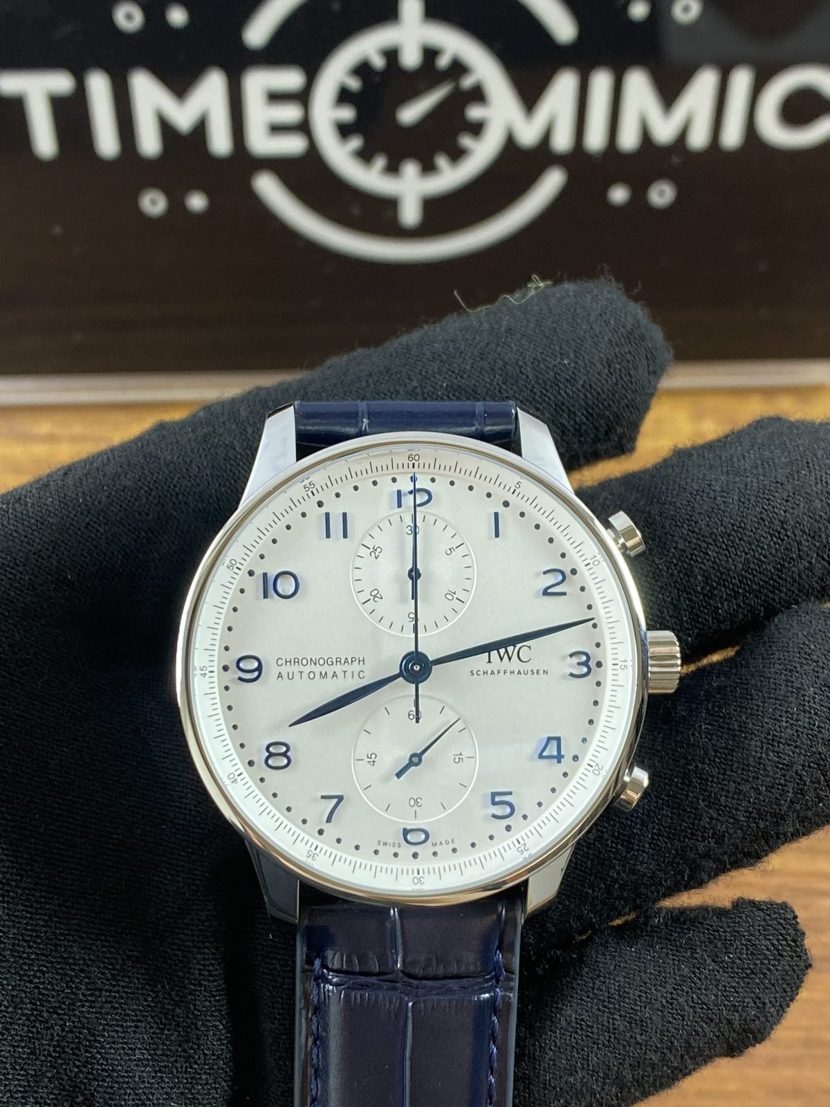 IWC Portugieser IW371446 replica silver white vertical two register chronograph style dial close front