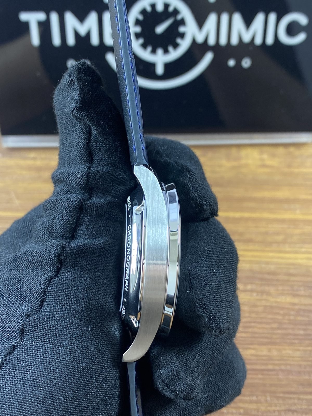 IWC Portugieser IW371446 replica brushed and polished non control case side and dark blue strap
