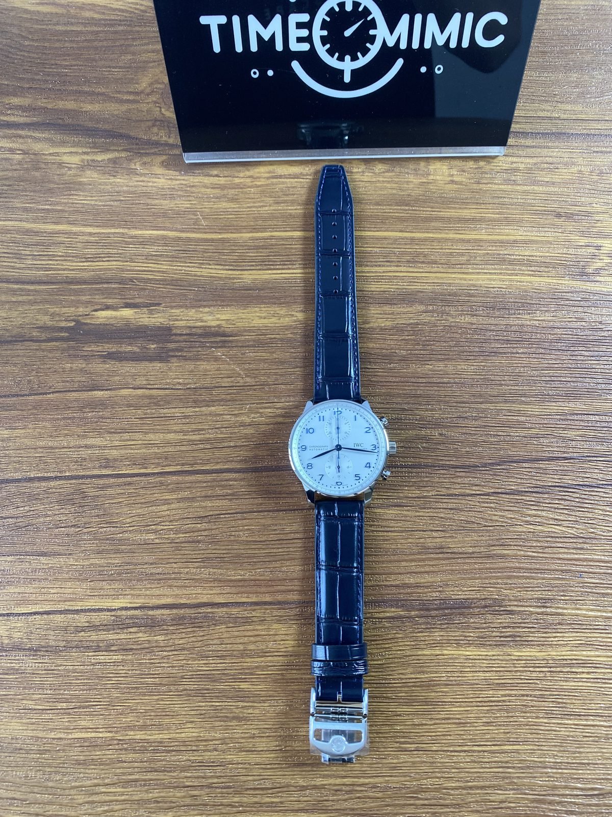IWC Portugieser IW371446 replica full length dark blue crocodile pattern strap deployant clasp flat view one