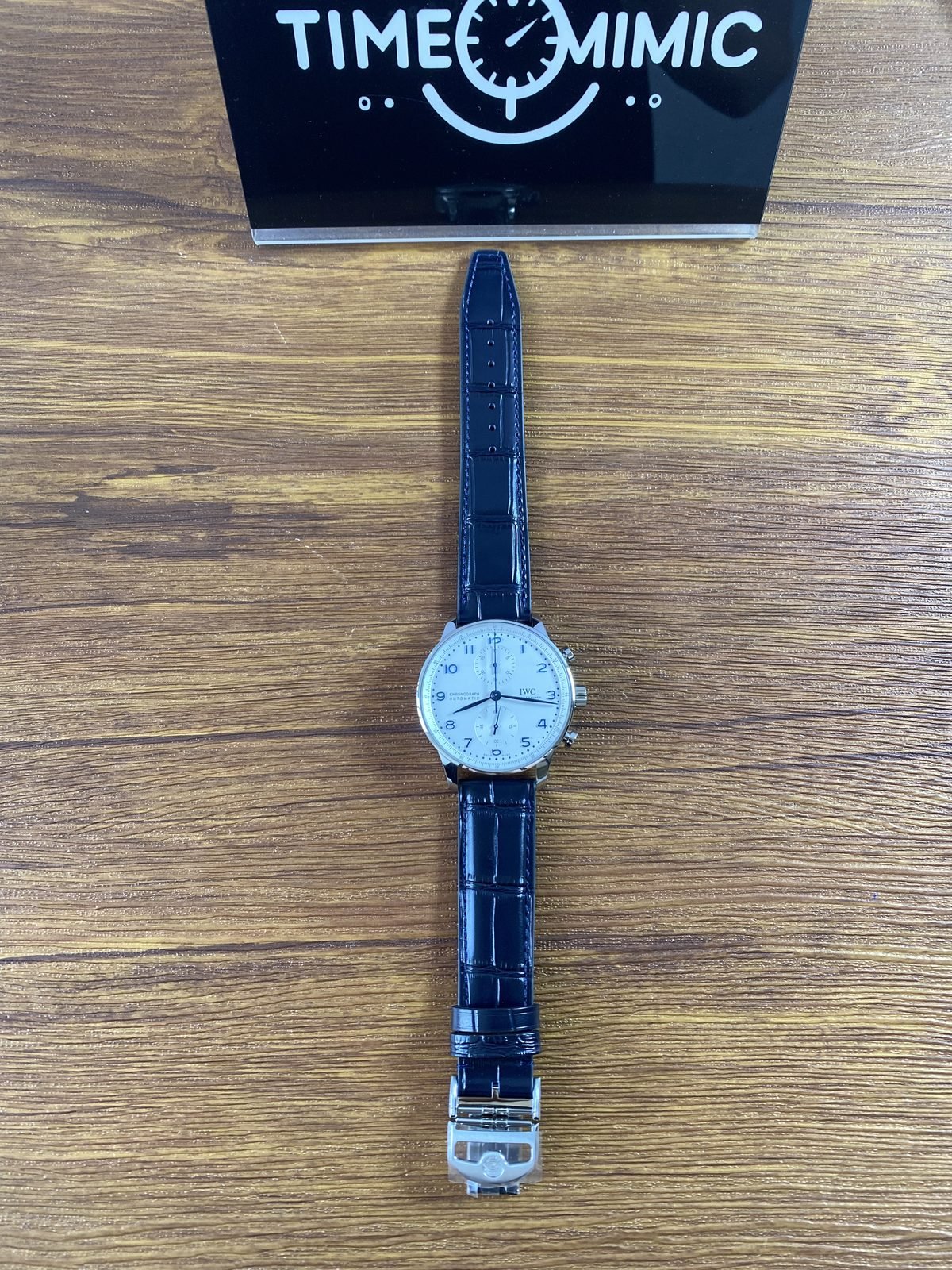 IWC Portugieser IW371446 replica full length dark blue strap flat view with changed hand positions