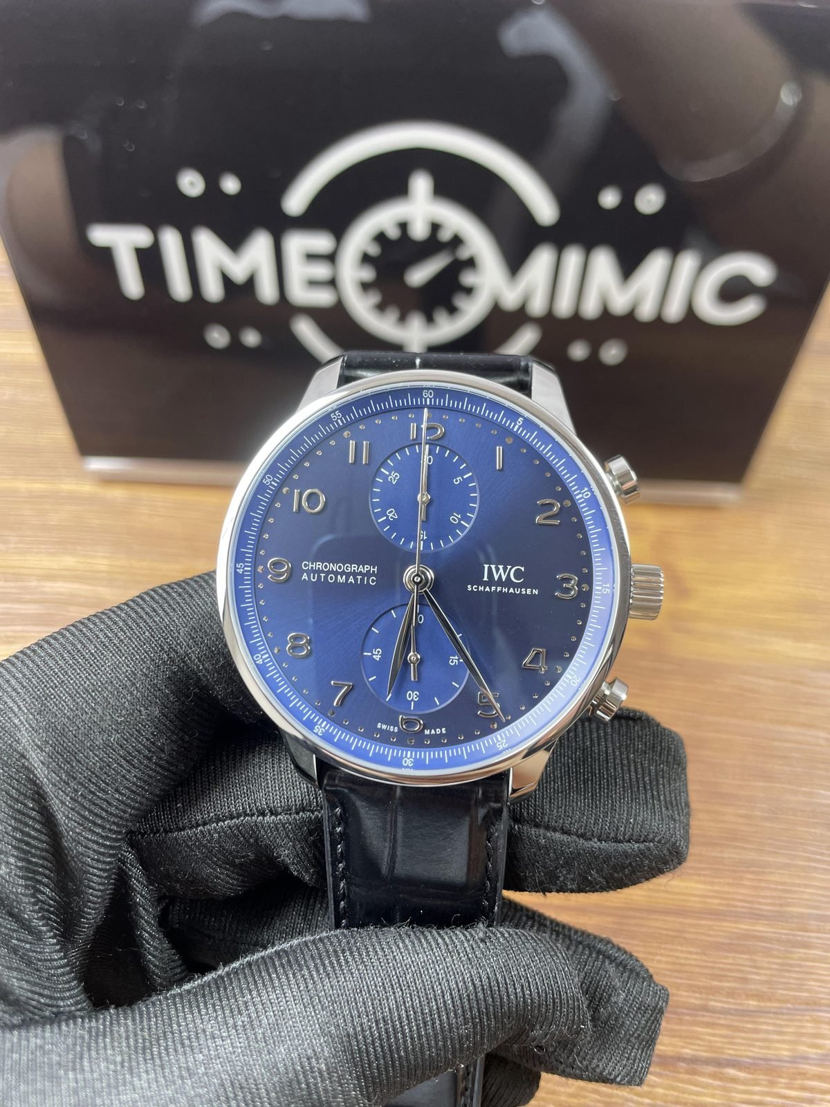 IWC Portugieser IW371601 replica blue vertical two register dial steel colour case black strap front