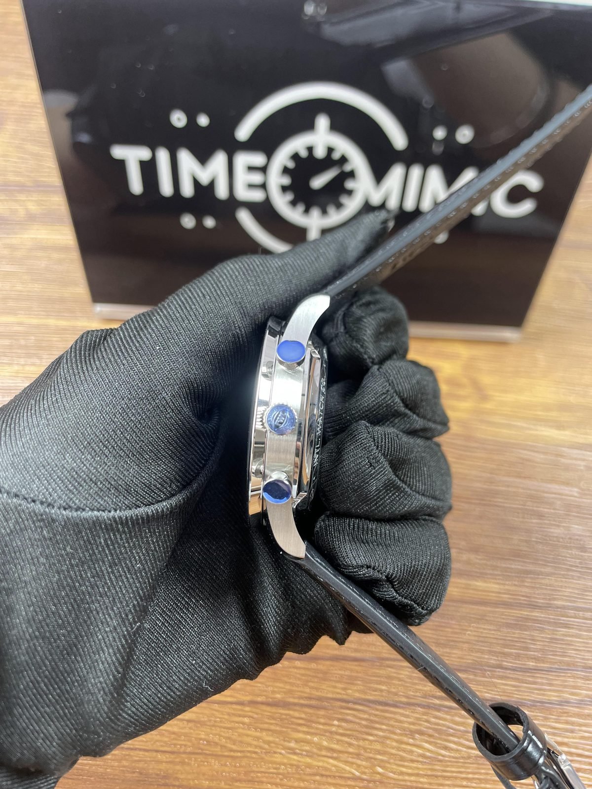 IWC Portugieser IW371601 replica crown and two pushers with blue protective films side profile