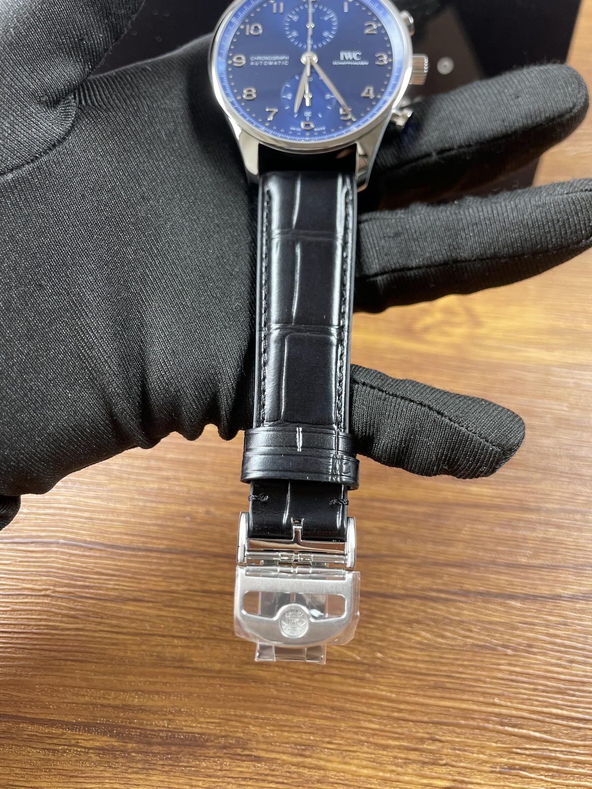 IWC Portugieser IW371601 replica black glossy crocodile pattern strap and deployant clasp full view