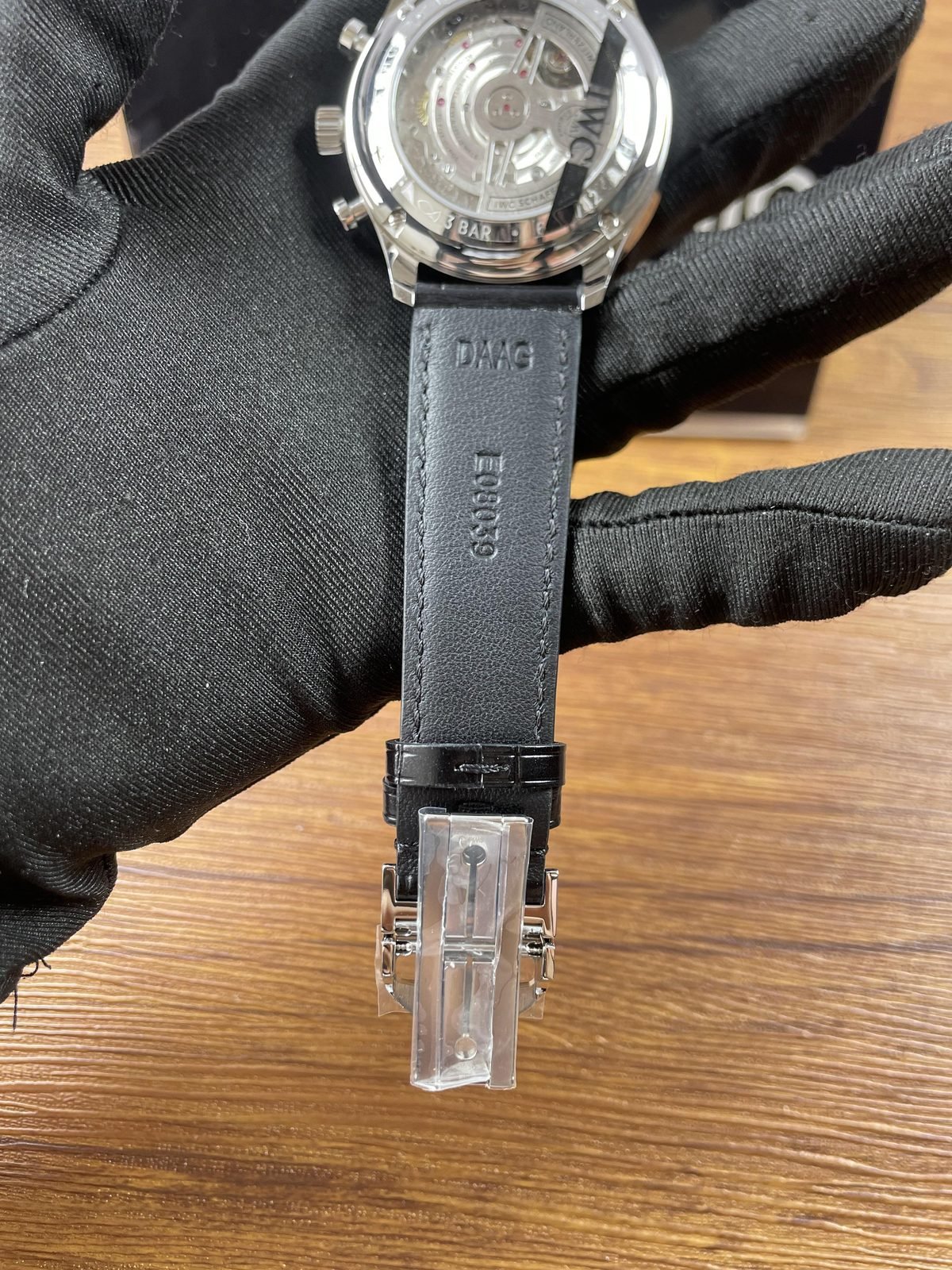 IWC Portugieser IW371601 replica strap underside caseback and open deployant clasp view