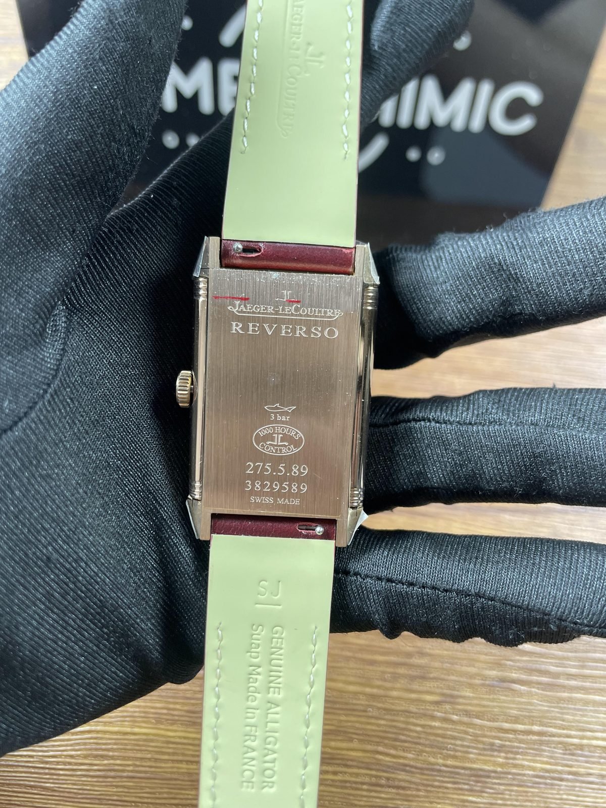 Jaeger LeCoultre Reverso 398256J replica solid brushed outer back copied 3 bar 1000 hour and origin style text