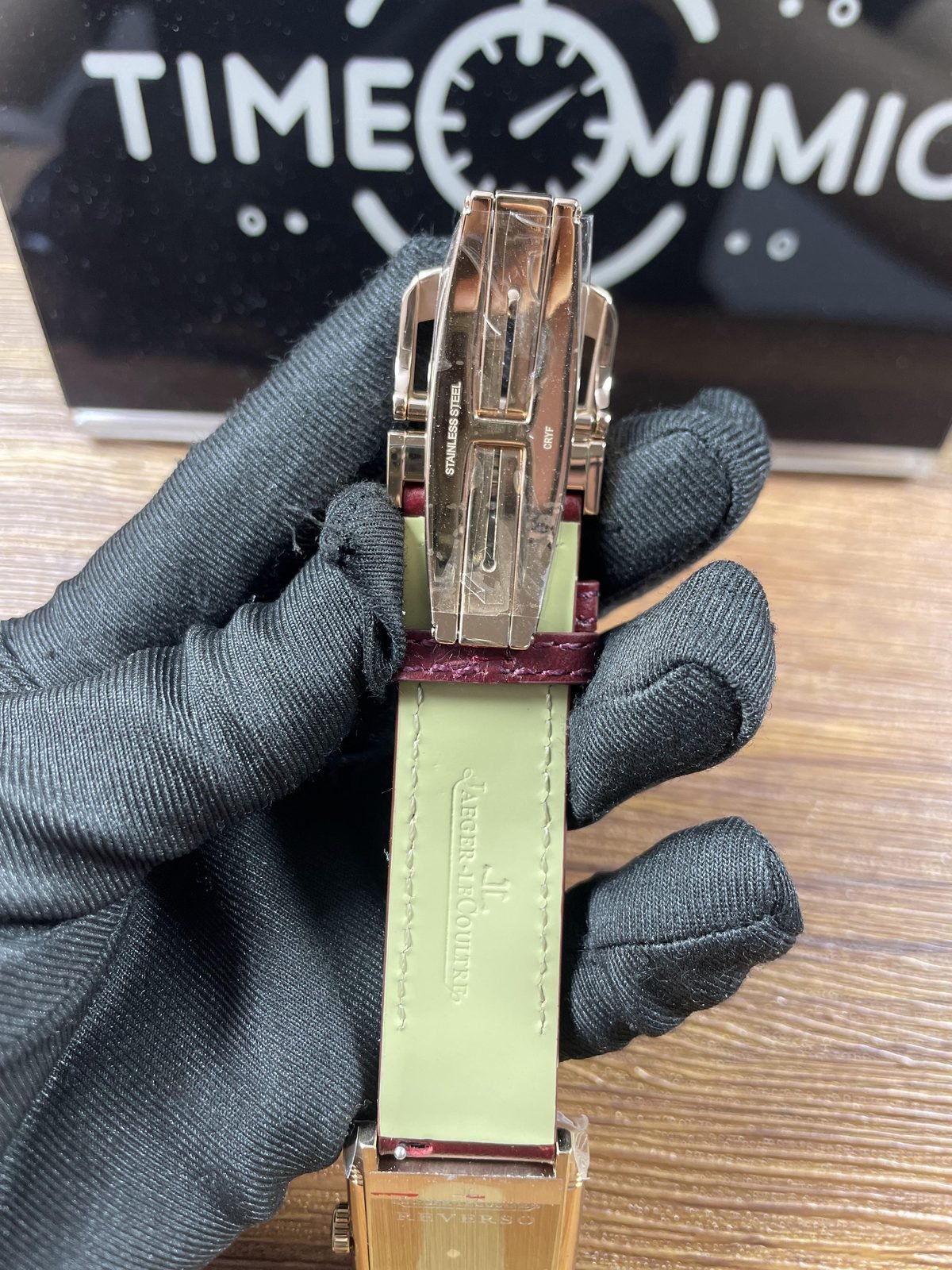 Jaeger LeCoultre Reverso 398256J replica folding clasp underside stainless steel style text and strap lining