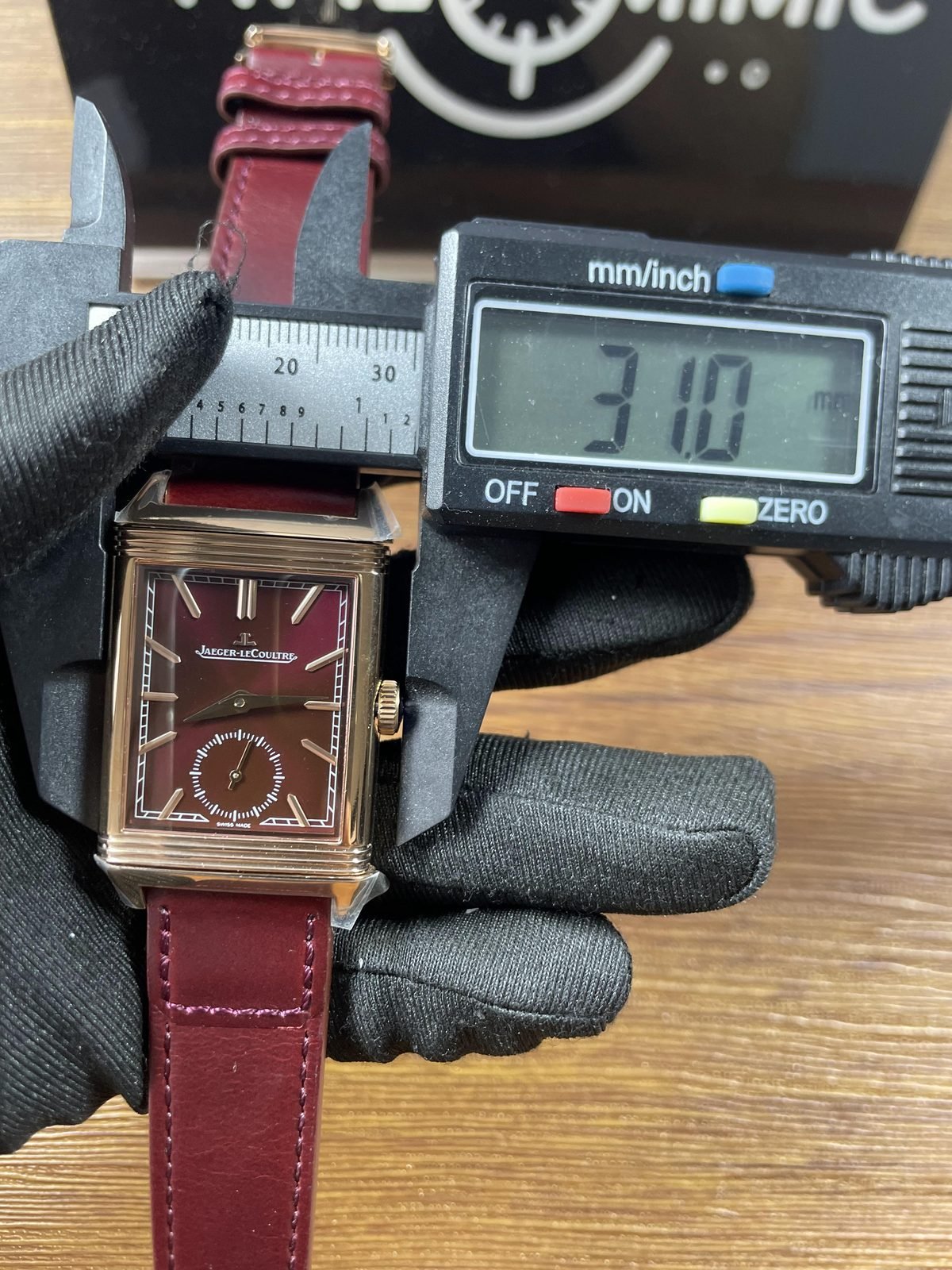 Jaeger LeCoultre Reverso 398256J replica one wider case and crown area caliper reading about 31.0 millimetres