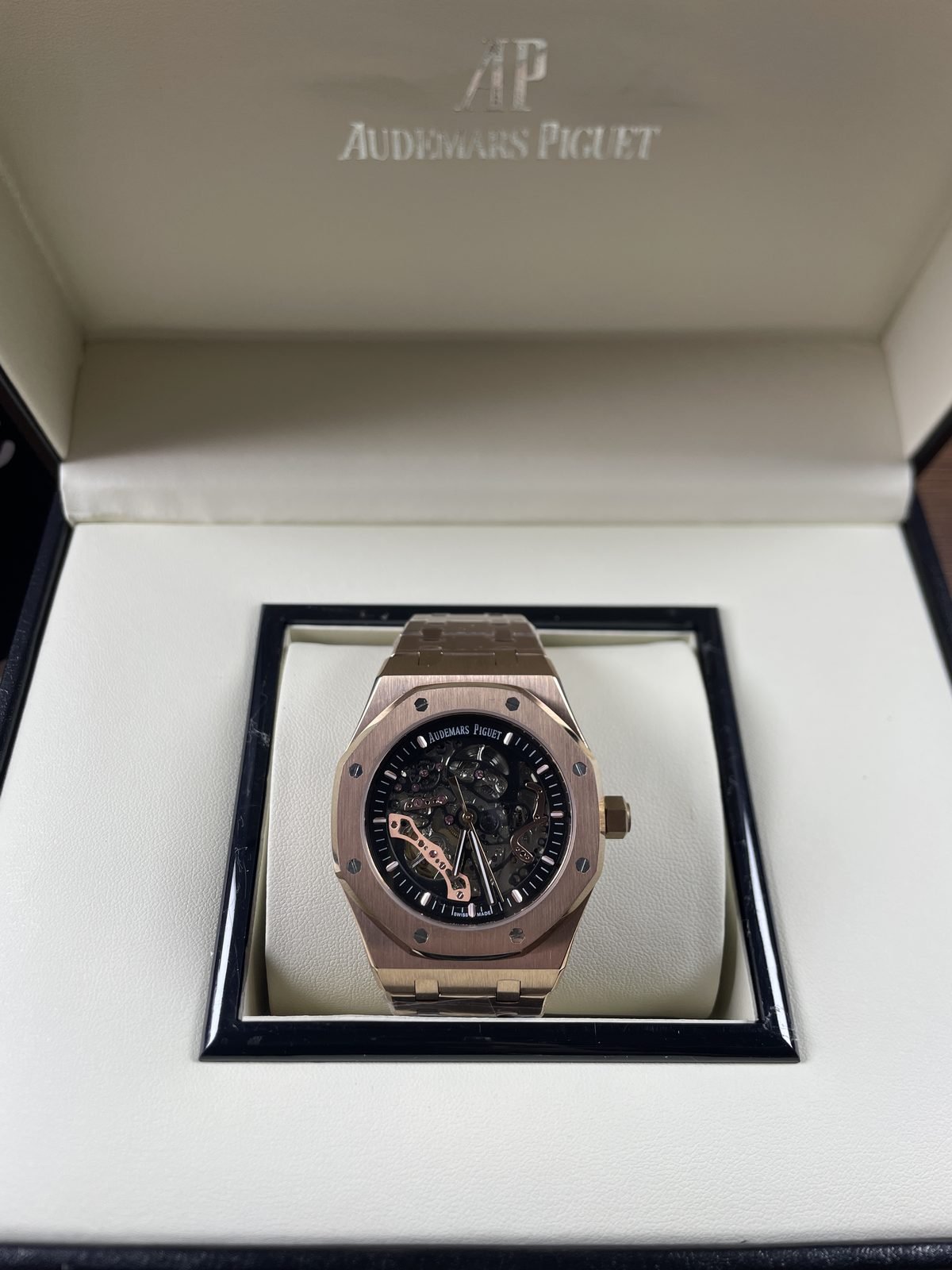Royal Oak 15407OR openworked replica front view in presentation box