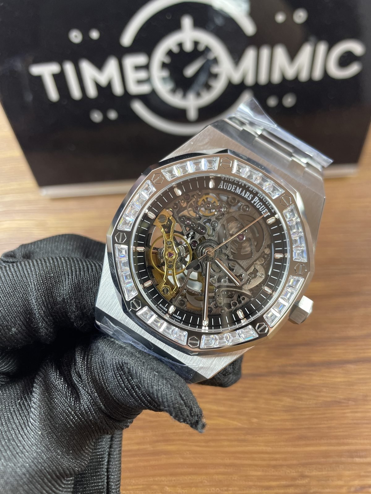 Royal Oak 15412BC replica clear baguette-style bezel and openworked dial close-up