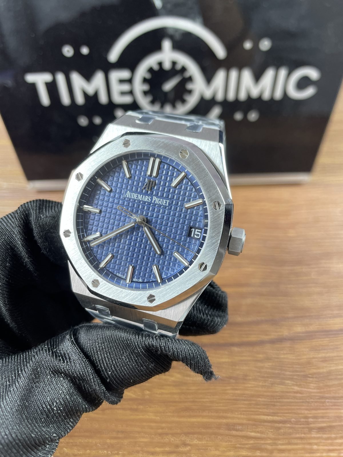 Royal Oak 15500ST replica blue grid dial octagonal bezel and steel-tone bracelet angled QC view