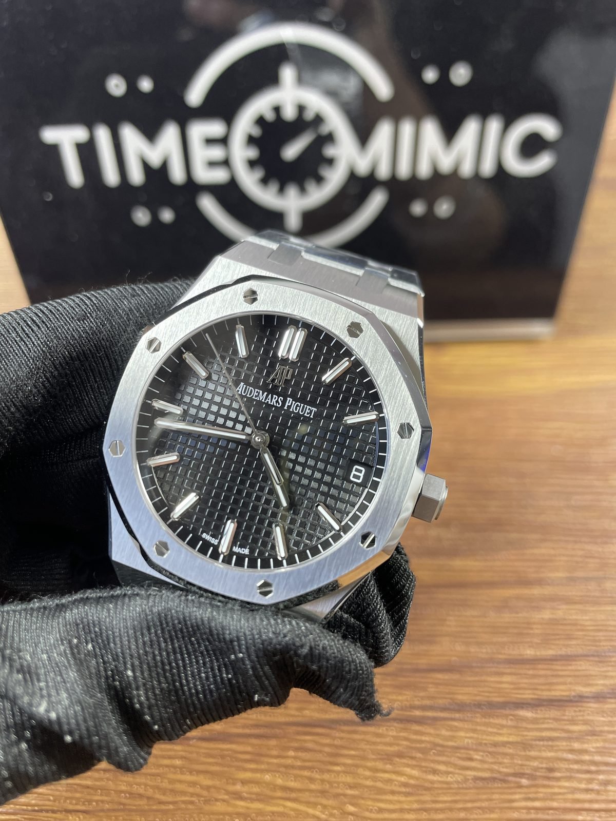 Royal Oak 15500ST 03 replica sample A black grid dial octagonal bezel angled QC view