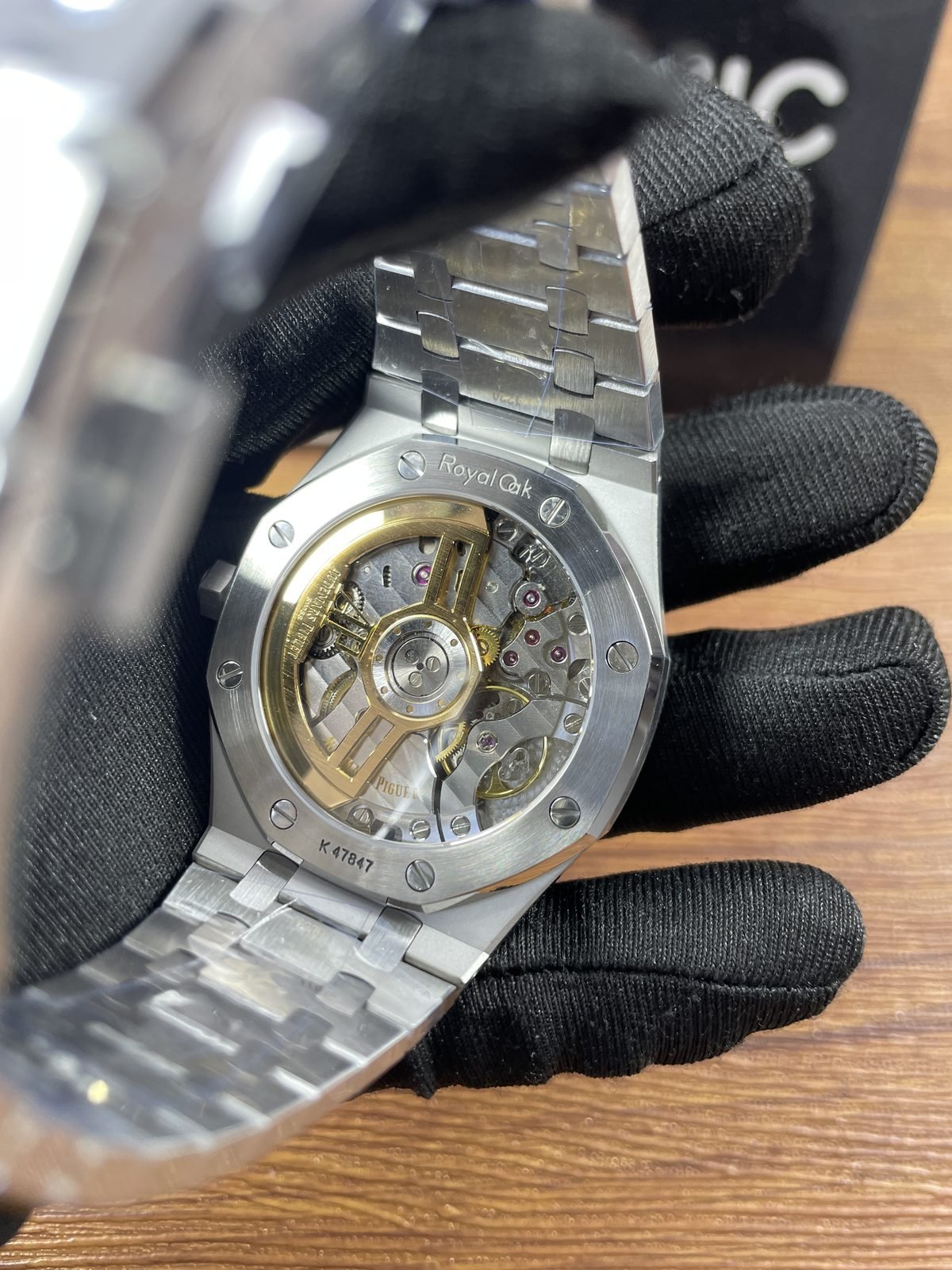 Royal Oak 15500ST 03 replica sample A exhibition back complex decorated movement and K47847-style marking