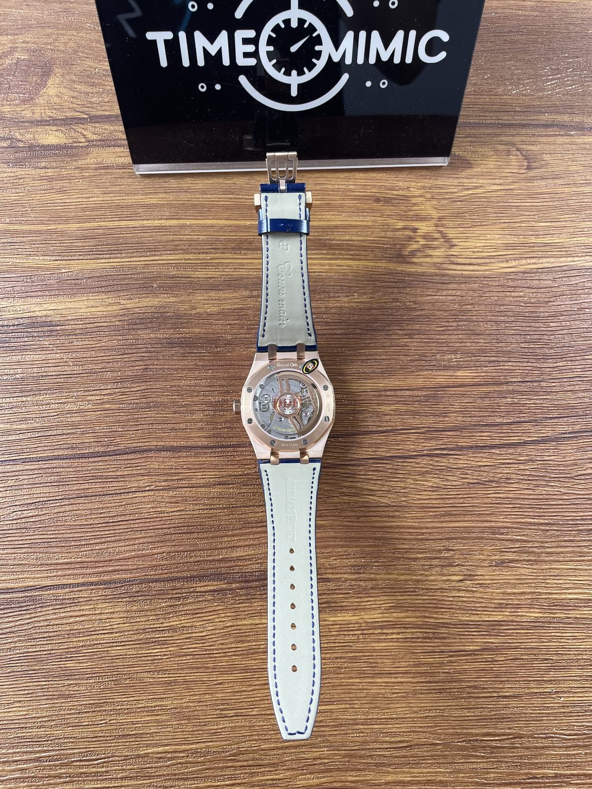 Royal Oak 15510OR D315CR 02 replica exhibition back decorated movement and light blue-stitched strap lining full rear view